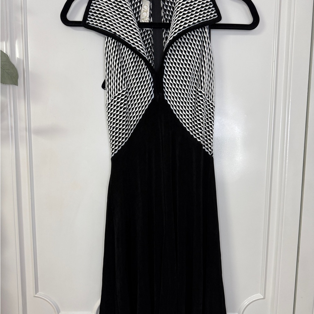 VTG Cache Black and White Strapless Maxi Dress with Patterned Bodice